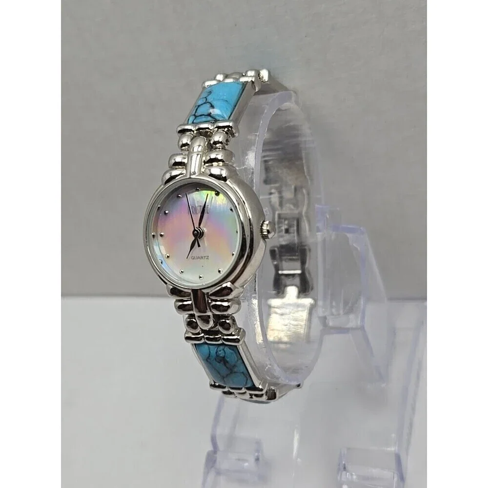 Womens Kristine Silver Tone Faux Turquoise Link Bracelet Watch New Battery Boho